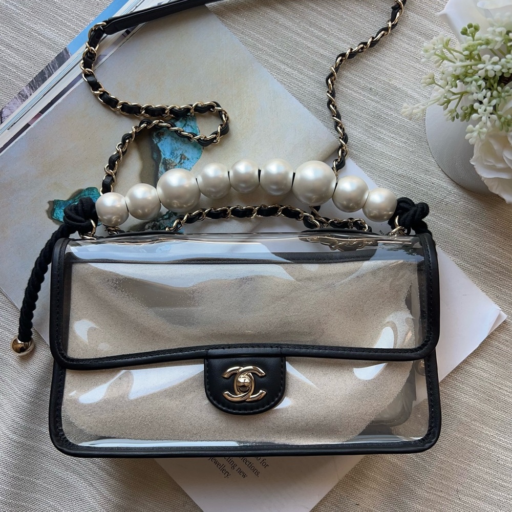 CHANEI Chanel Lambskin PVC Sand By The Sea Flap With Pearl Strap Black
